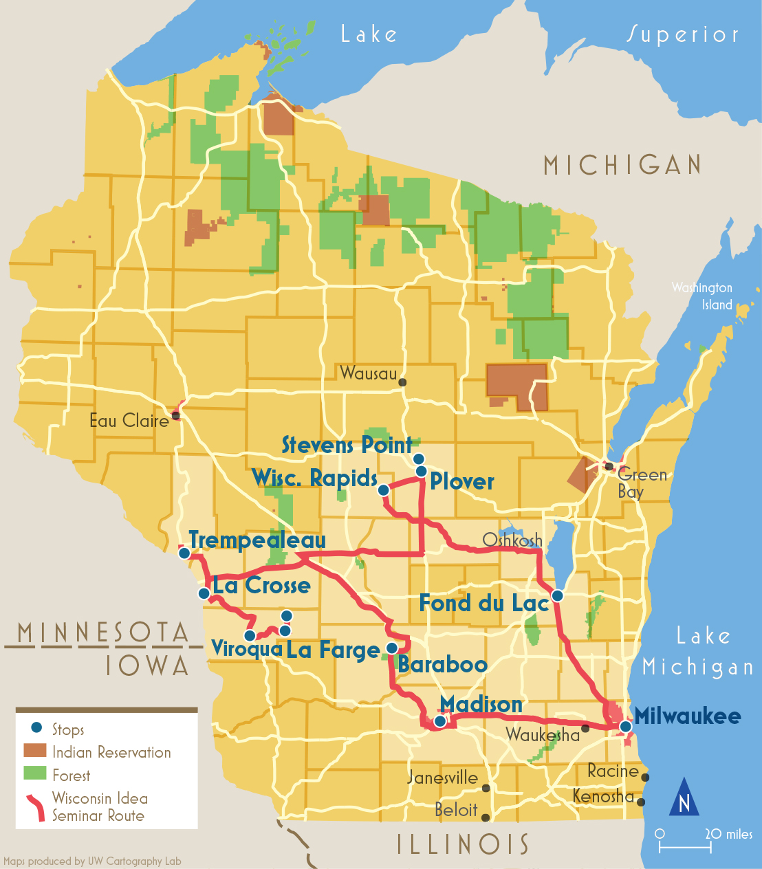 Map of the 2017 Wisconsin Idea Seminar route including stops in Baraboo, La Farge, Viroqua, La Crosse, Trempealeau, Wisconsin Rapids, Plover, Stevens Point, Fond du Lac, and Milwaukee