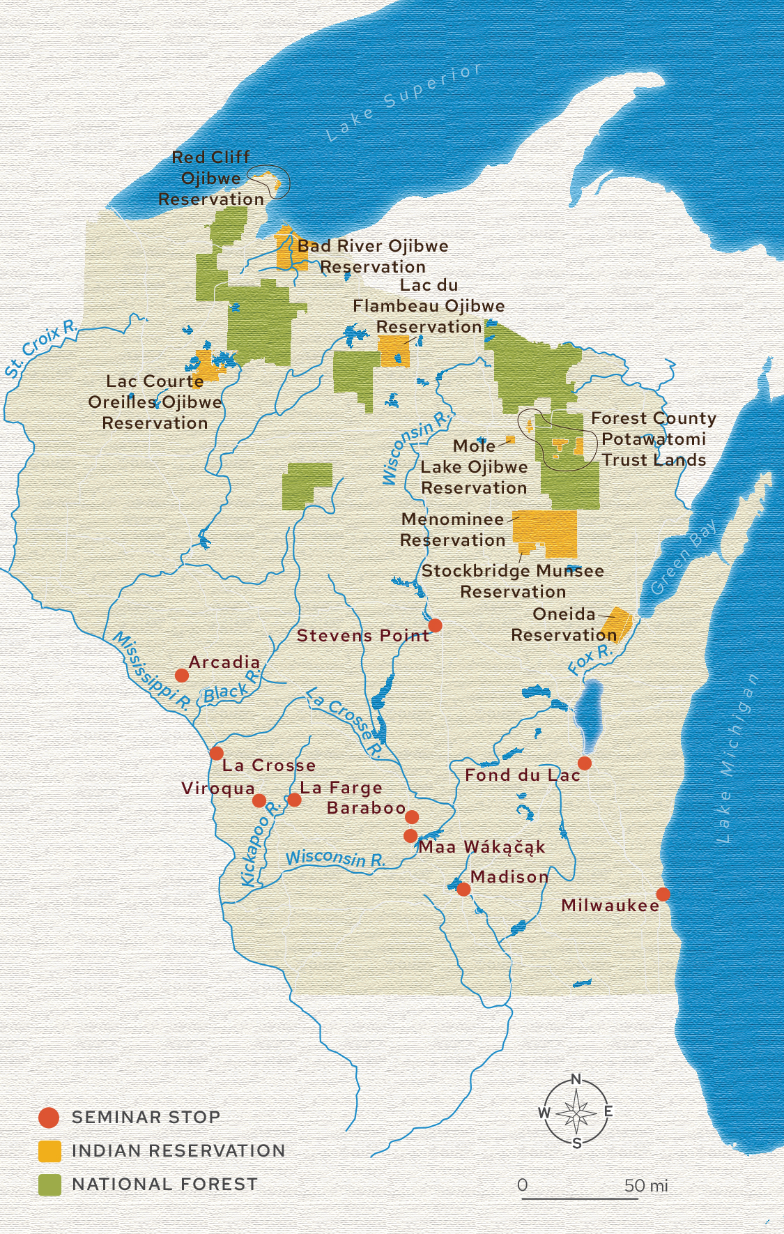 A map of the 2024 Wisconsin Idea Seminar route, including stops in Maa Wakacak, Baraboo, La Farge, Viroqua, La Crosse, Arcadia, Stevens Point, Fond du Lac, and Milwaukee
