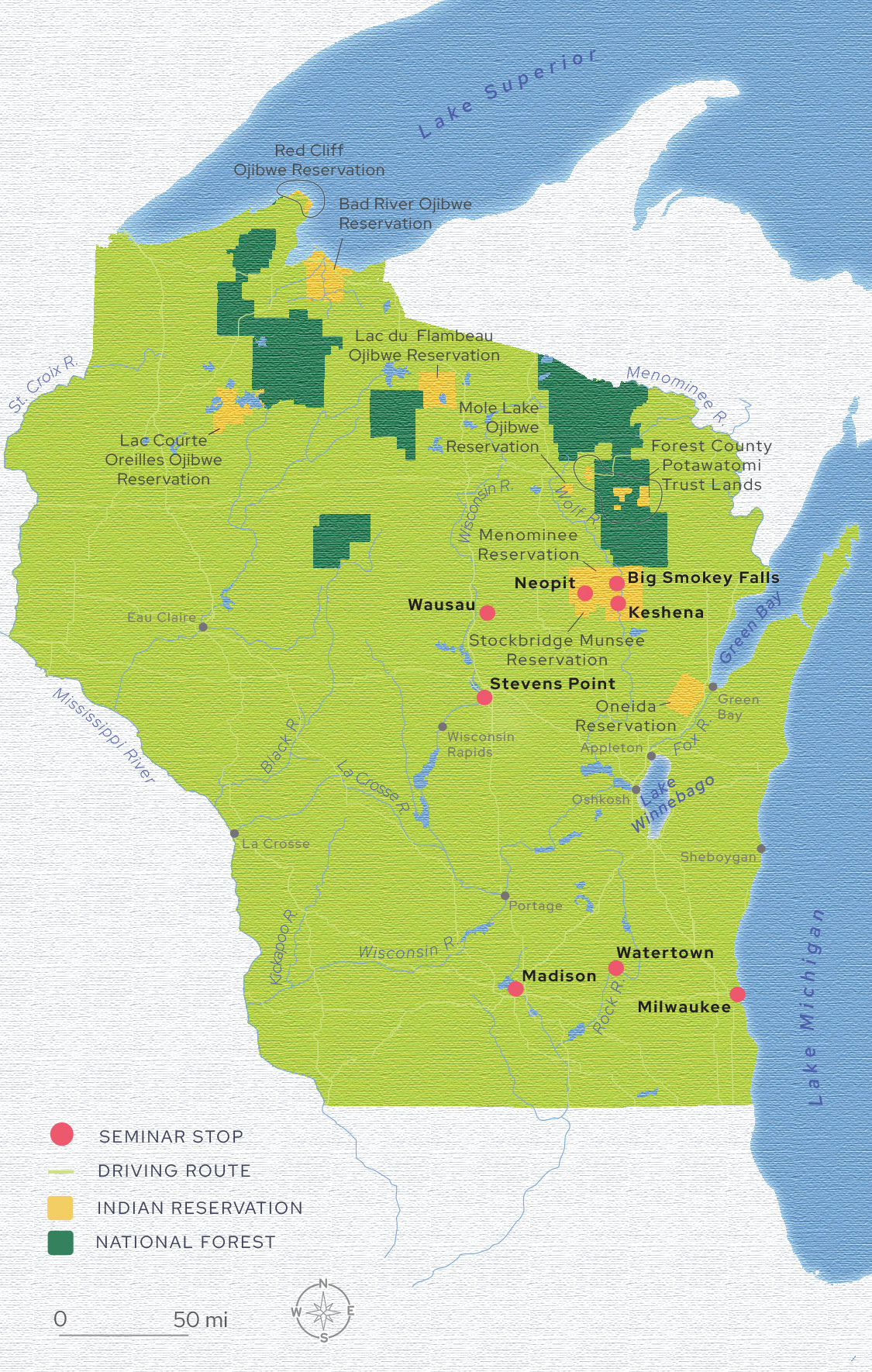 A map of the 2025 Wisconsin Idea Seminar route, including stops in Watertown, Stevens Point, Wausau, Keshena, and Milwaukee